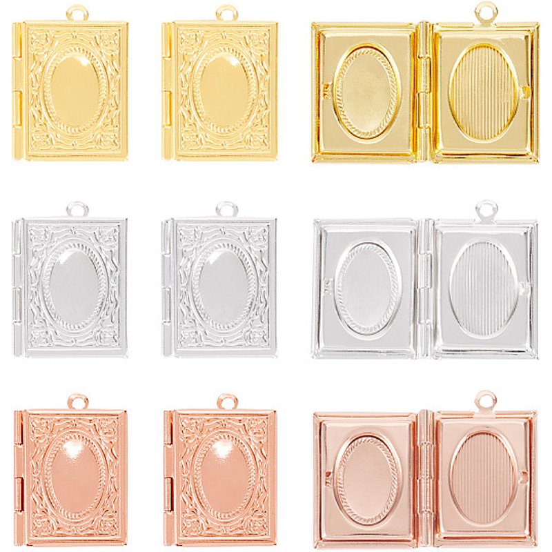 Brass Locket Pendants - 6 Pcs in 3 Colors, Rectangle with Oval Pattern — Charms & Pendants