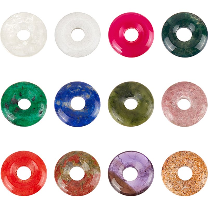 12Pcs Pendentifs en Gemmes Naturelles Mélangées, Charms Donut/Pi — Breloques et pendentifs