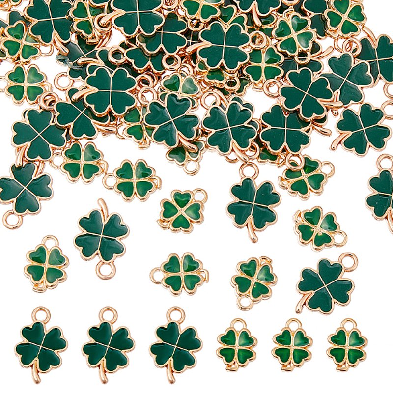 100 Pcs Charms Trèfle en Alliage Émaillé en Or et Vert Foncé — Breloques et pendentifs