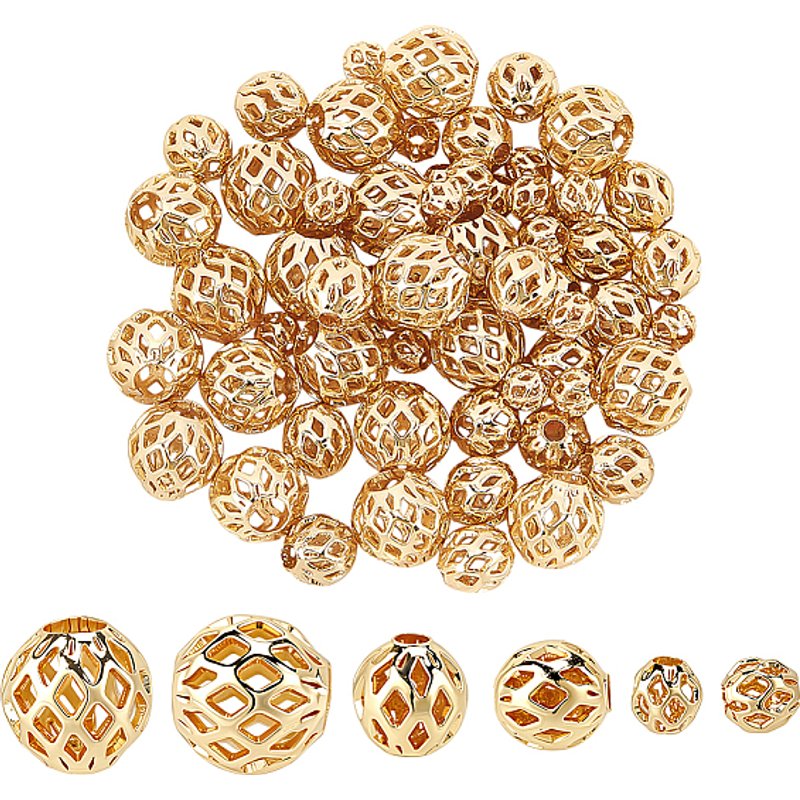 60Pcs Perles Espacées en Laiton, Ronde Creuse, Plaqué Or 14K — Perles à bijoux