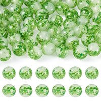 50Pcs Perles en Verre Soufflé à la Main, Rondes avec Fleurs, Vertes — Perles à bijoux