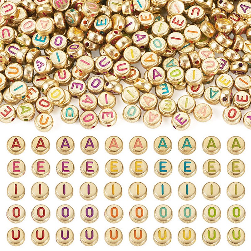 500Pcs Perles Acryliques Opaques, Ronde Plate avec Lettres A E I O U