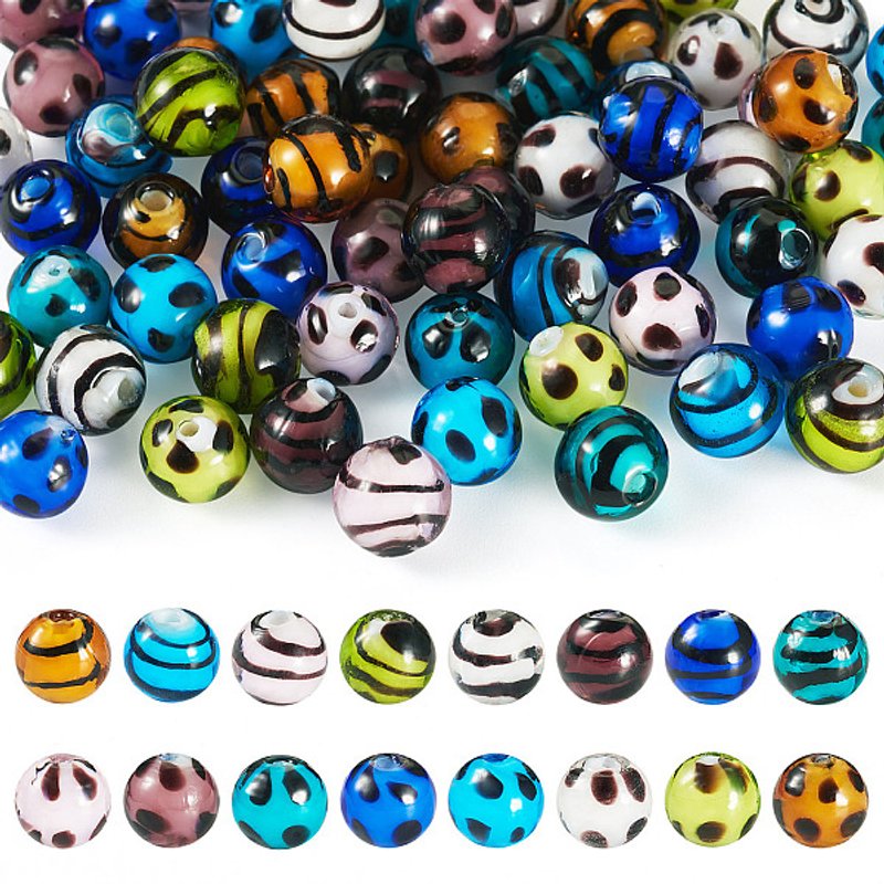 64Pcs Perles en Verre Soufflé Fait Main, Ronde avec Motifs, Couleurs Mixtes — Perles à bijoux