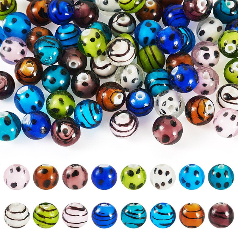 Ensemble de 64 perles en verre lampwork faites à la main, motifs ronds — Perles à bijoux