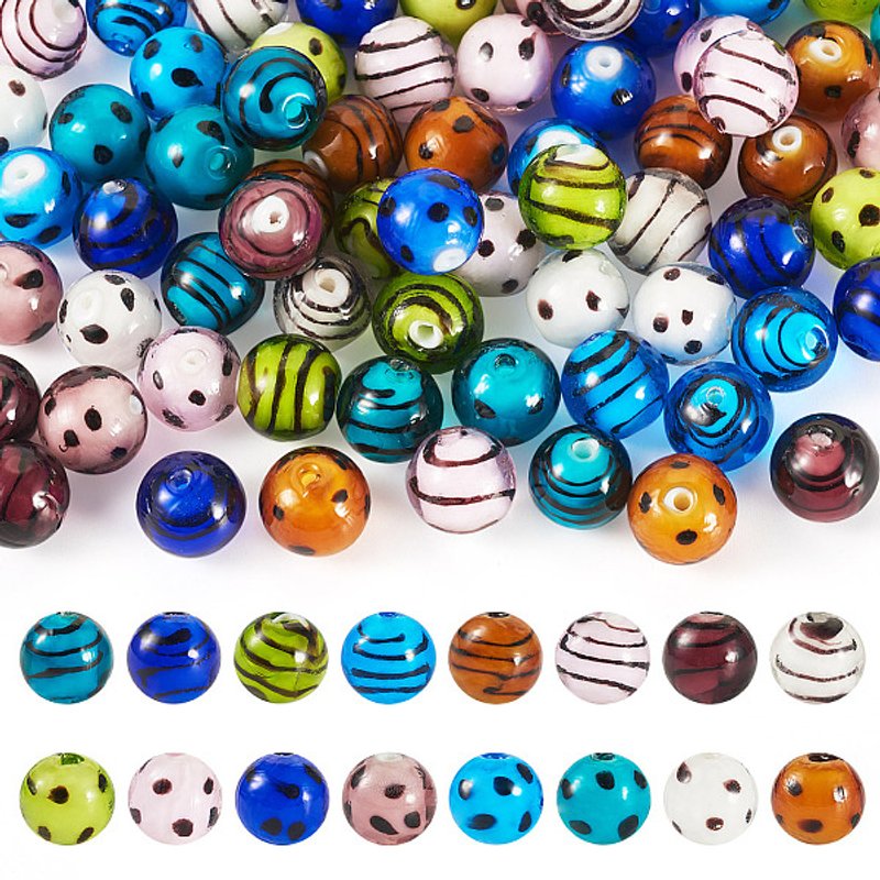 Ensemble de 64 perles en verre soufflé à la main, motifs ronds et colorés