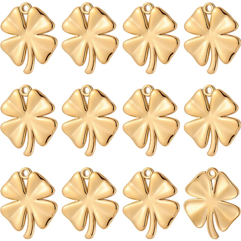 12 Pcs Charms Trèfle en Acier Inoxydable 304 avec Plaquage en Or 14K — Breloques et pendentifs