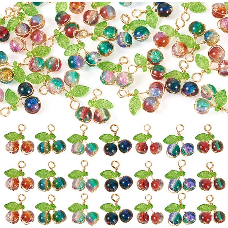 28 Pcs Pendentifs en Verre Craquelé Cerise avec Fil Acrylique et Cuivre — Breloques et pendentifs