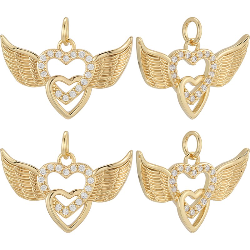 8pcs Brass Micro Pave Cubic Zirconia Wing & Heart Pendants
