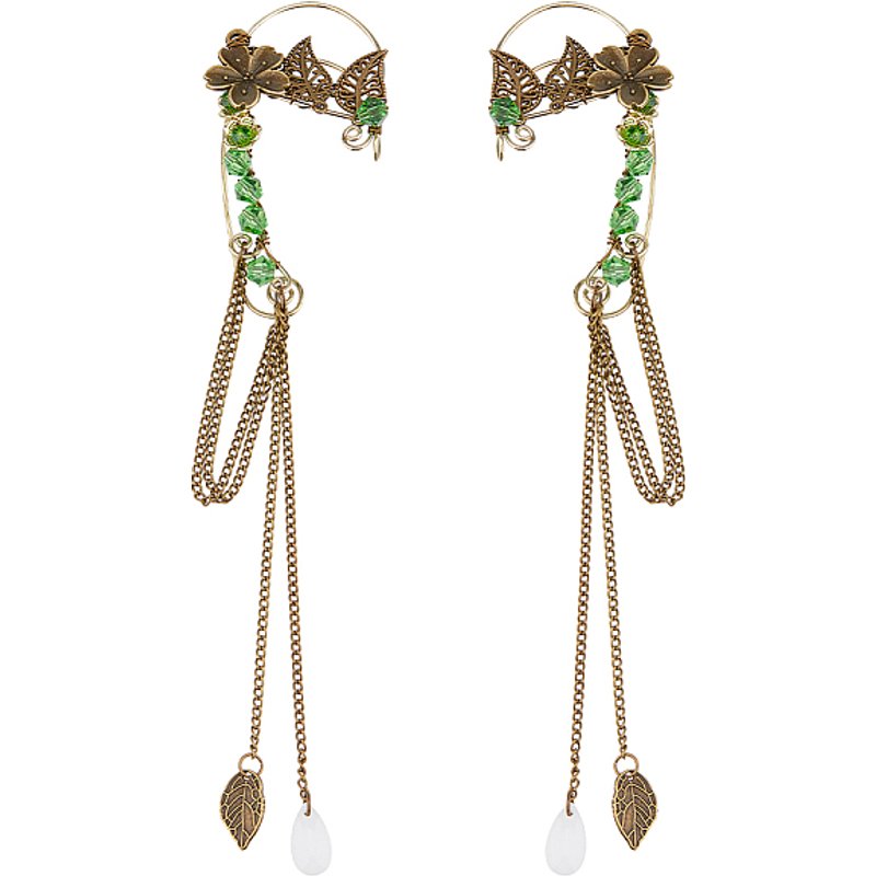Alloy Leaf Cuff Earrings with Glass in Antique Bronze — Costume Jewelry