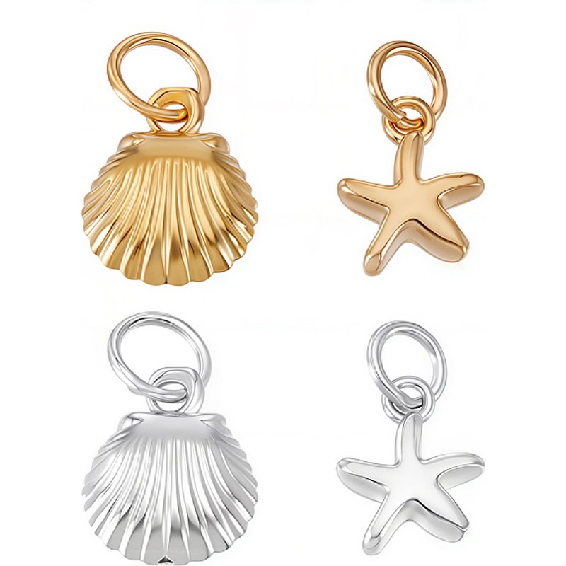 Ensemble de 4 Charms en Argent Sterling 925 en Forme d'Étoile de Mer et de Coquillage — Breloques et pendentifs