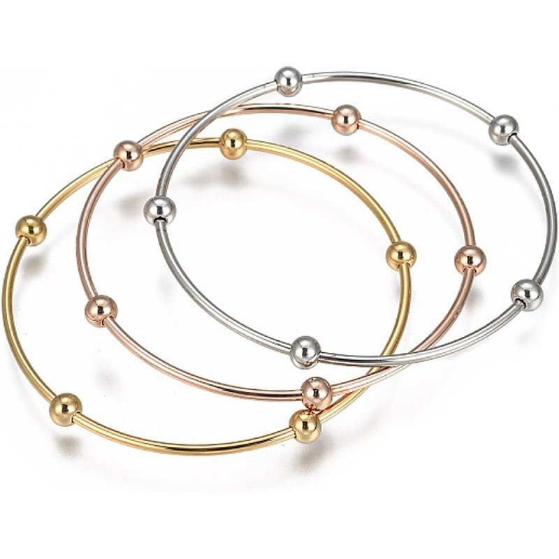 201 Stainless Steel Bangle Set with Round Beads, Mixed Colors — Bracelet Women