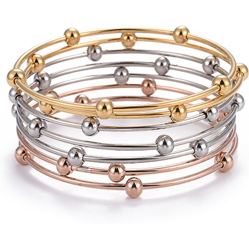 Fashion 201 Stainless Steel Bangle Set with Round Beads, Multi-color — Bracelet Women