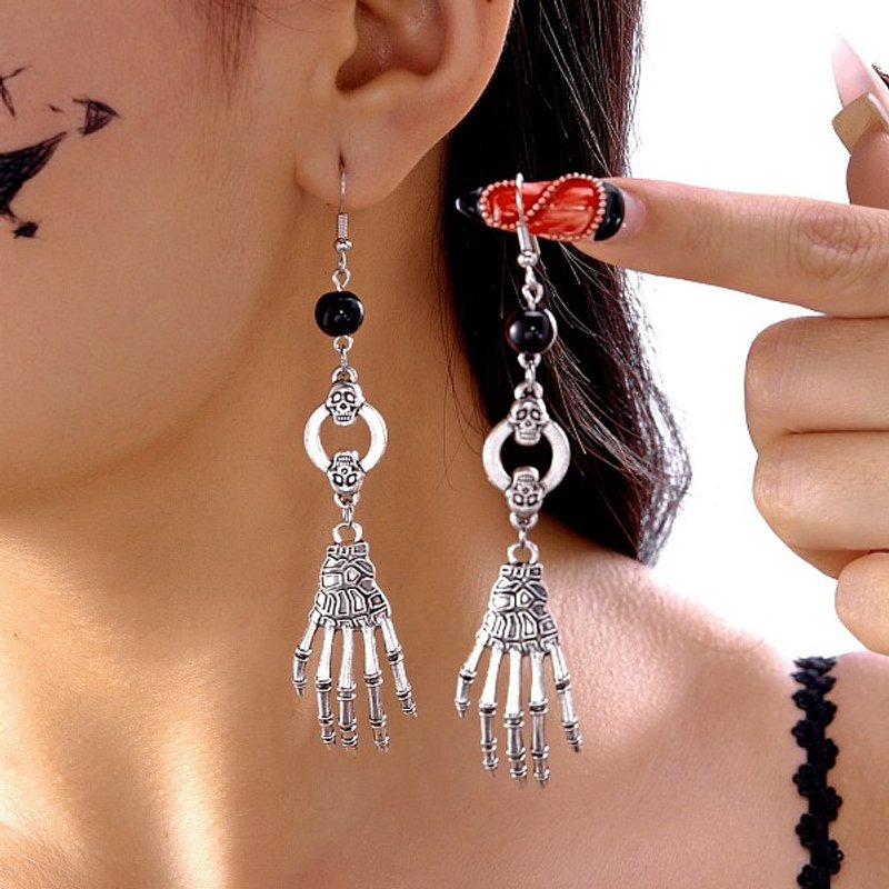 Halloween Skull Dangle Earrings with Resin Beads in Antique Silver — Costume Jewelry