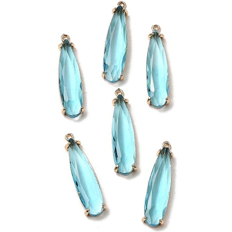 Brass Glass Teardrop Pendants, Faceted, Golden Aqua — Charms & Pendants