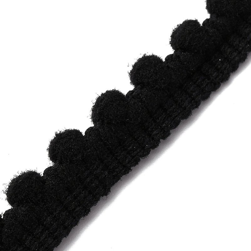 Bordure en Dentelle en Polyester avec Pompons, Noir, 3/8 pouce (11mm) — Chaînes, fils et cordons