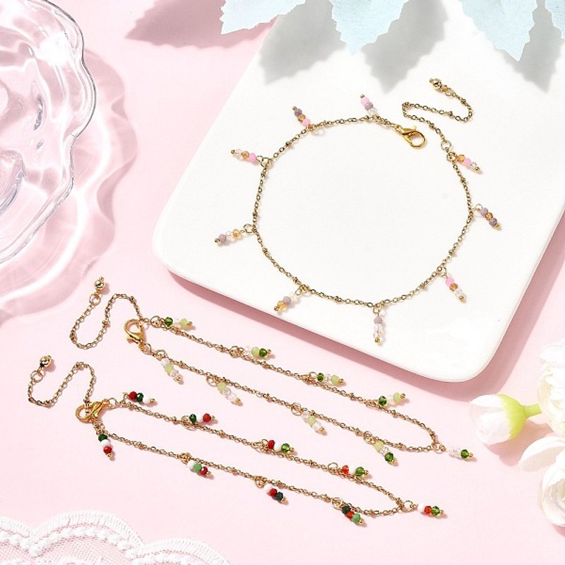 Ensemble de 3 chevillères en perles de verre avec chaînes en acier inoxydable — Bracelet de cheville Femme