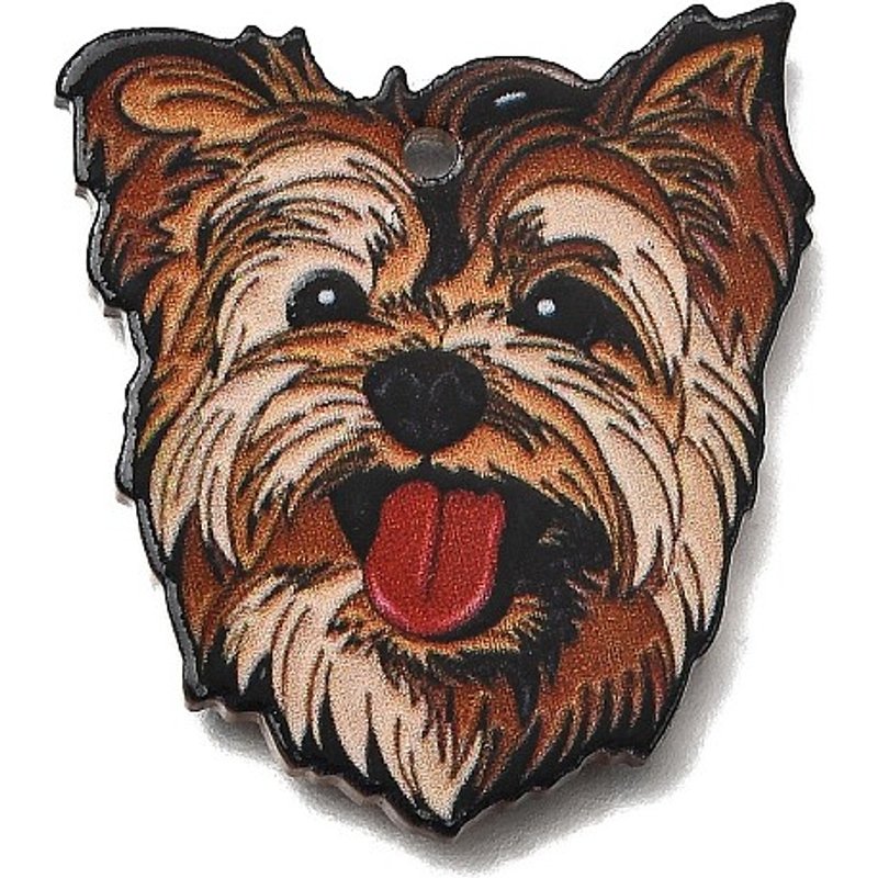 Pendentif en acrylique imprimé, chien, brun saddle, 31x28x2mm — Breloques et pendentifs