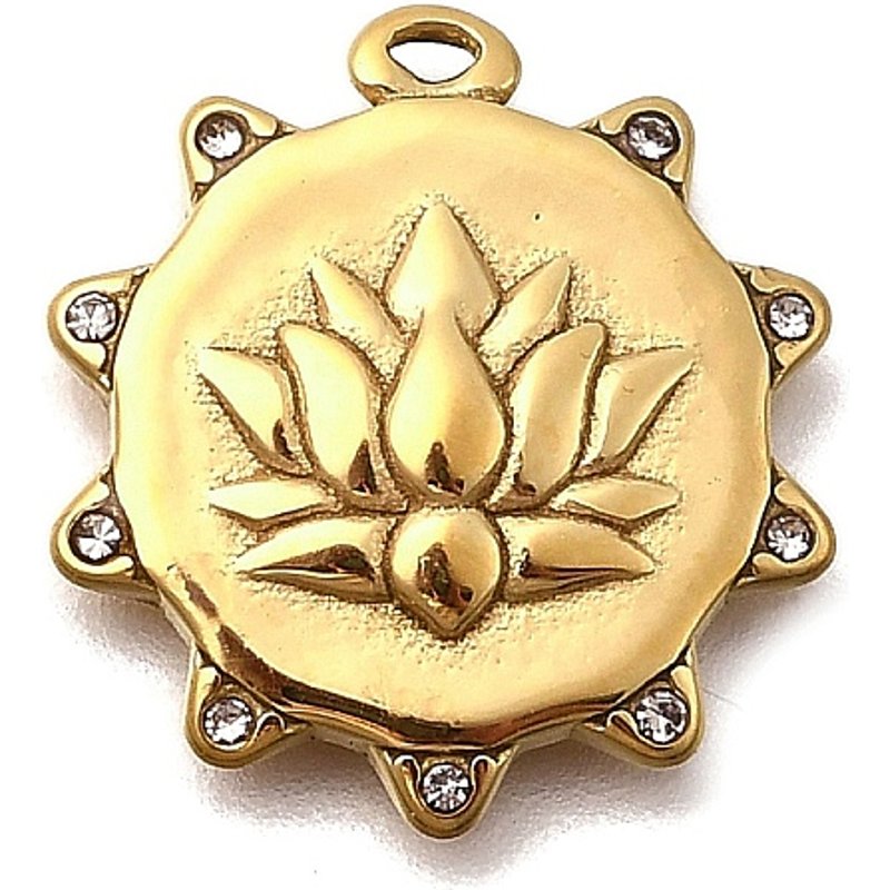 Pendentif Lotus en Acier Inoxydable 304 avec Rhinestone, Fini Doré — Breloques et pendentifs