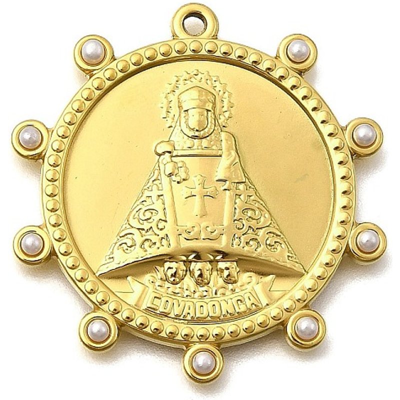 304 Stainless Steel Flat Round Pendant with King and Plastic Pearls — Charms & Pendants