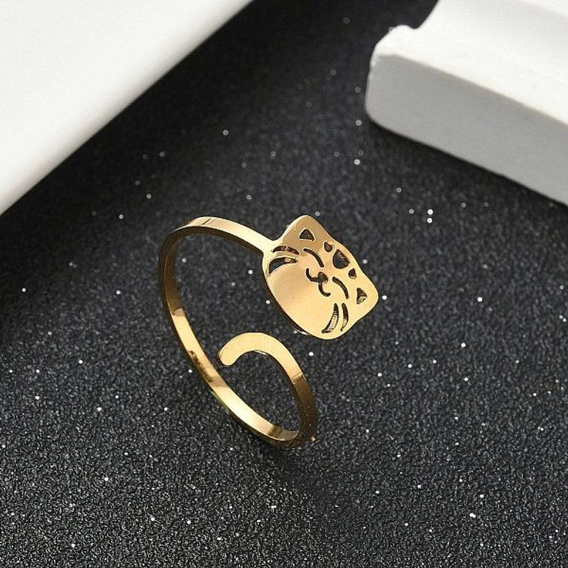 304 Stainless Steel Cat Shape Cuff Ring for Women, Gold — Costume Jewelry
