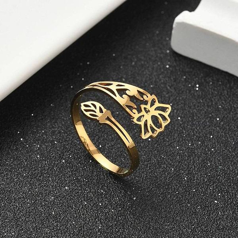 Bague à Manchette en Acier Inoxydable 304 avec Lotus Creux pour Femmes — Bijoux fantaisie