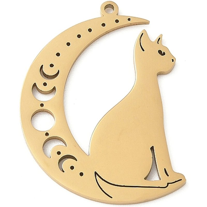 Pendentif en Acier Inoxydable 304, Forme de Lune et Chat, Doré — Breloques et pendentifs