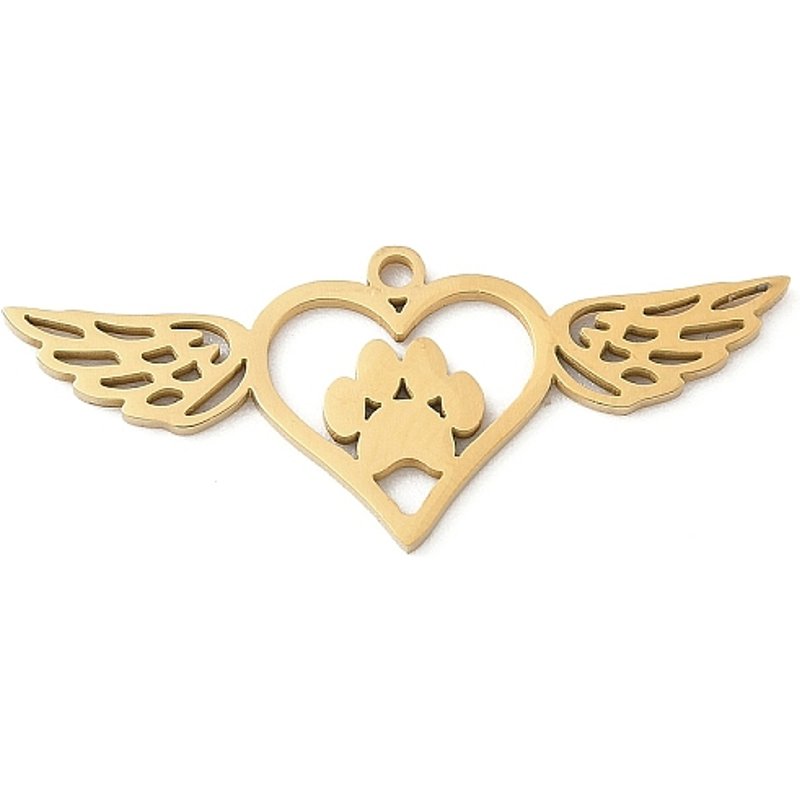 Pendentif en Acier Inoxydable 304, Aile de Cœur & Empreinte de Patte, Doré — Breloques et pendentifs