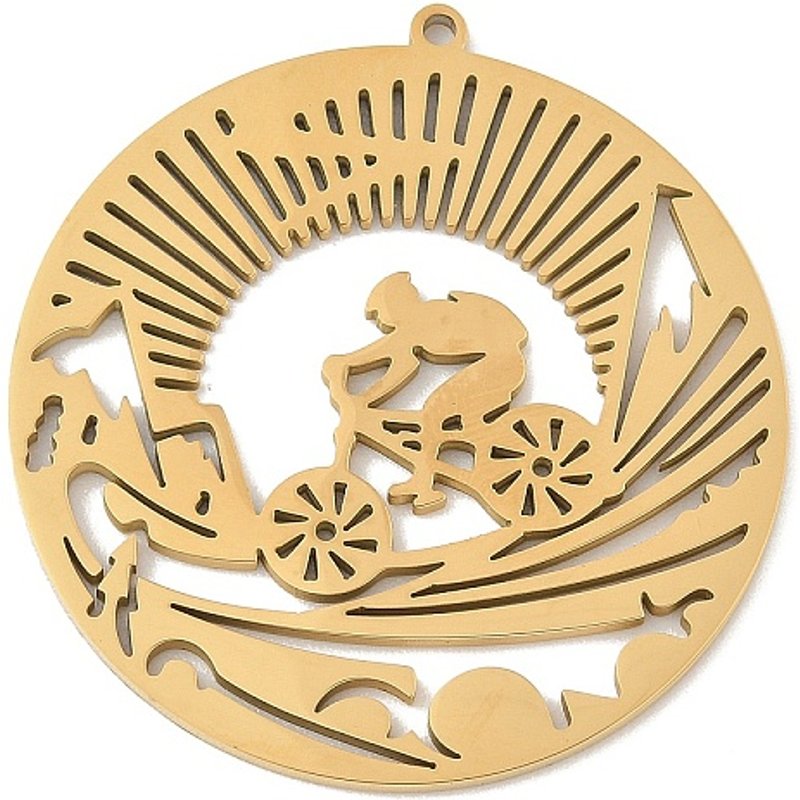 304 Stainless Steel Flat Round Pendant with Human and Bicycle Charm — Charms & Pendants