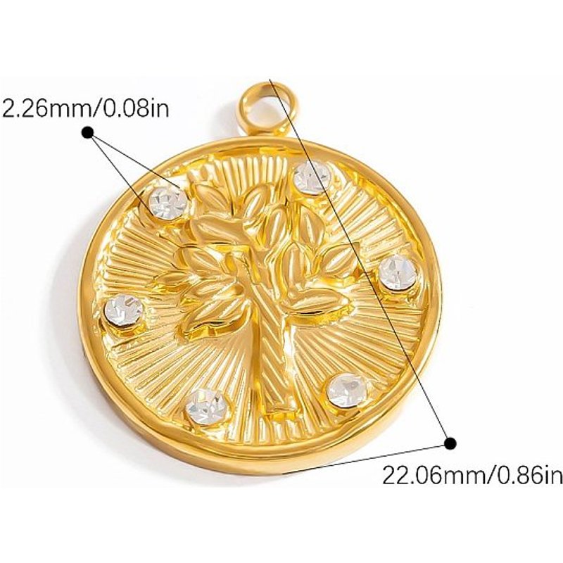 Pendentif rond plat en acier inoxydable 304 avec rhinestone et arbre — Breloques et pendentifs