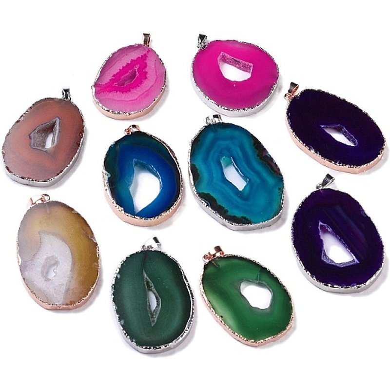 Natural Agate Oval Charms with Mixed Color Brass Findings — Charms & Pendants