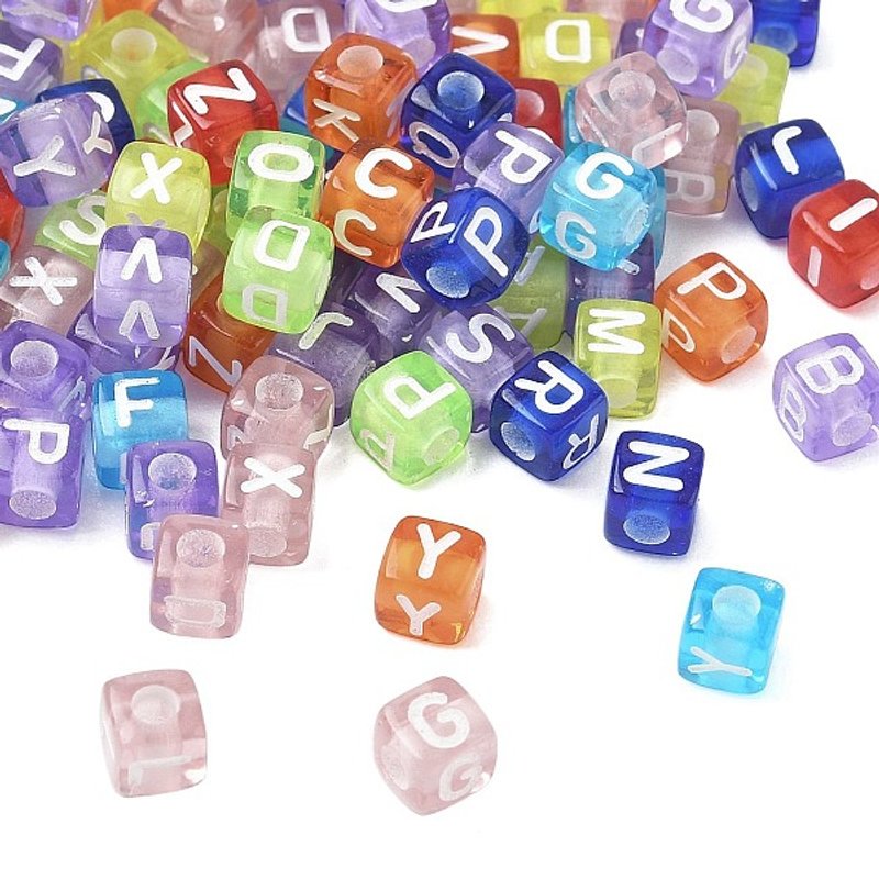 Spray Paint Transparent Acrylic Cube Beads with Letter, Mixed Color — Jewelry Beads