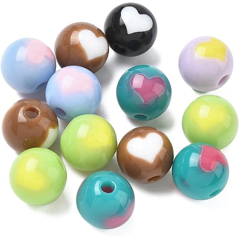 Opaque Acrylic Round Beads with Heart, Mixed Colors, 12mm — Jewelry Beads