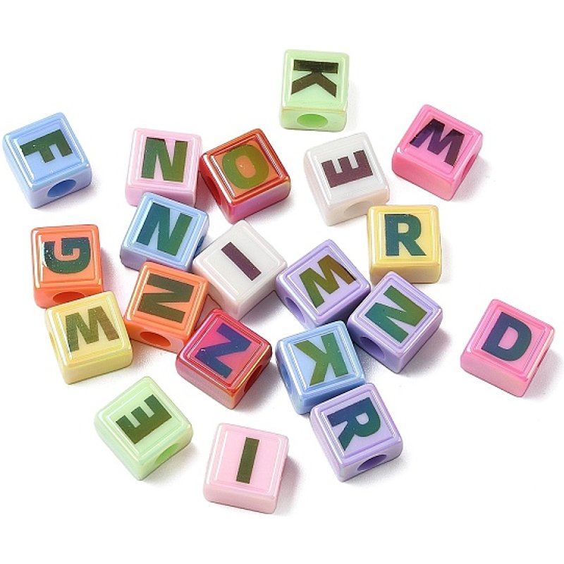 Opaque UV Plating Acrylic Beads, Iridescent Square with Letter — Jewelry Beads