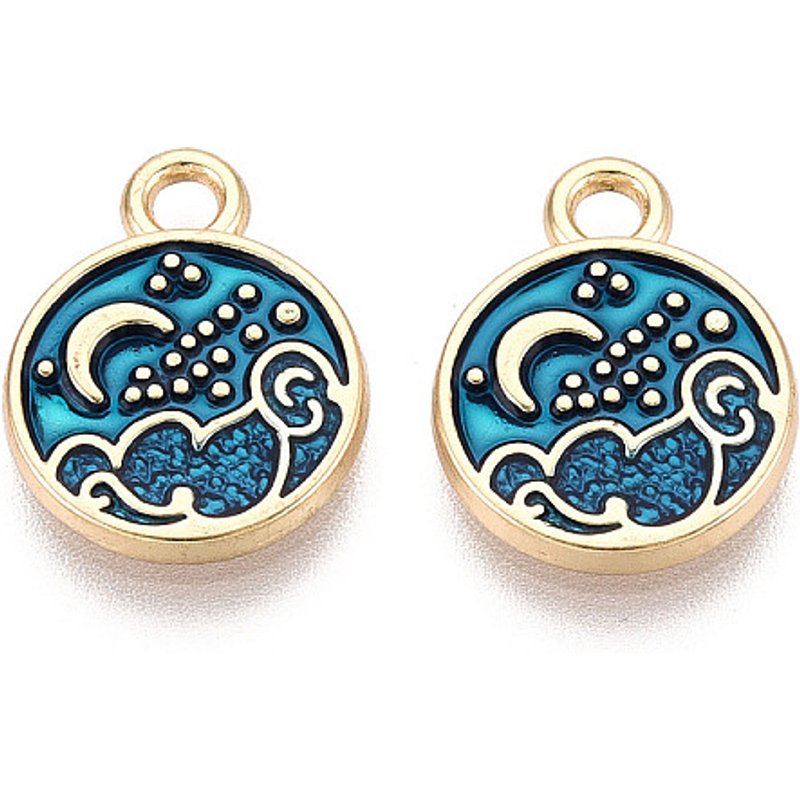 Charm en Émail Alliage Rond Plat avec Lune - Or Clair & Bleu Acier — Breloques et pendentifs