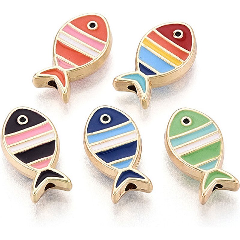 Light Gold Tone Alloy Enamel Fish Beads, Lead Free, Mixed Color — Jewelry Beads