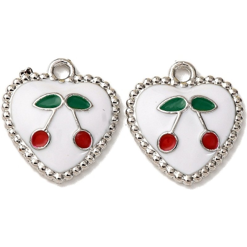 Alloy Enamel Heart with Cherry Charm Pendant, Platinum — Charms & Pendants
