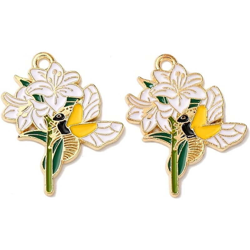Pendentif Charme Fleurs en Émail Alliage Or et Blanc — Breloques et pendentifs