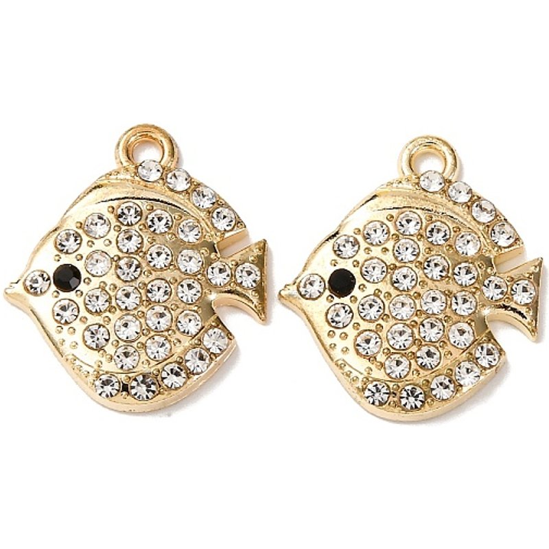 Pendentif en alliage de poisson avec strass, doré, 20.5x18x3.5mm — Breloques et pendentifs