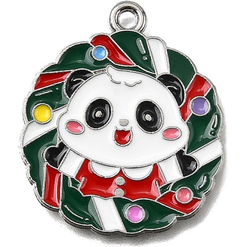 Alloy Enamel Pendant - Platinum Christmas Series Panda Wreath — Charms & Pendants