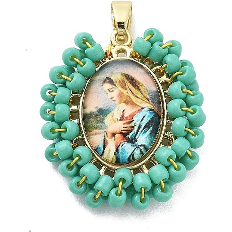 Charms Ovales Virgen Marie en Turquoise de Rack Plating — Breloques et pendentifs