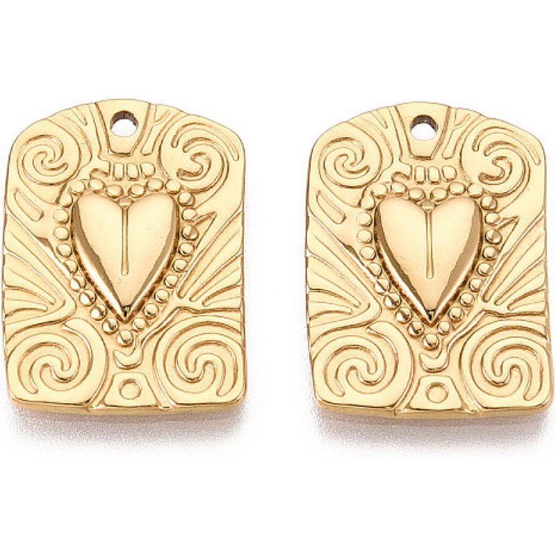 304 Stainless Steel Rectangle Pendant with Heart Charm, 18K Gold Plated — Charms & Pendants