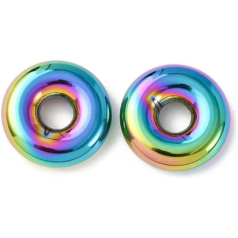 Perles Européennes en Acier Inoxydable 304, Donut, Couleur Arc-en-Ciel, Grand Trou