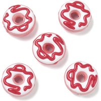 Perles en émail de porcelaine faites à la main, en forme de beignet, rouge, 18.5x7.5-10mm