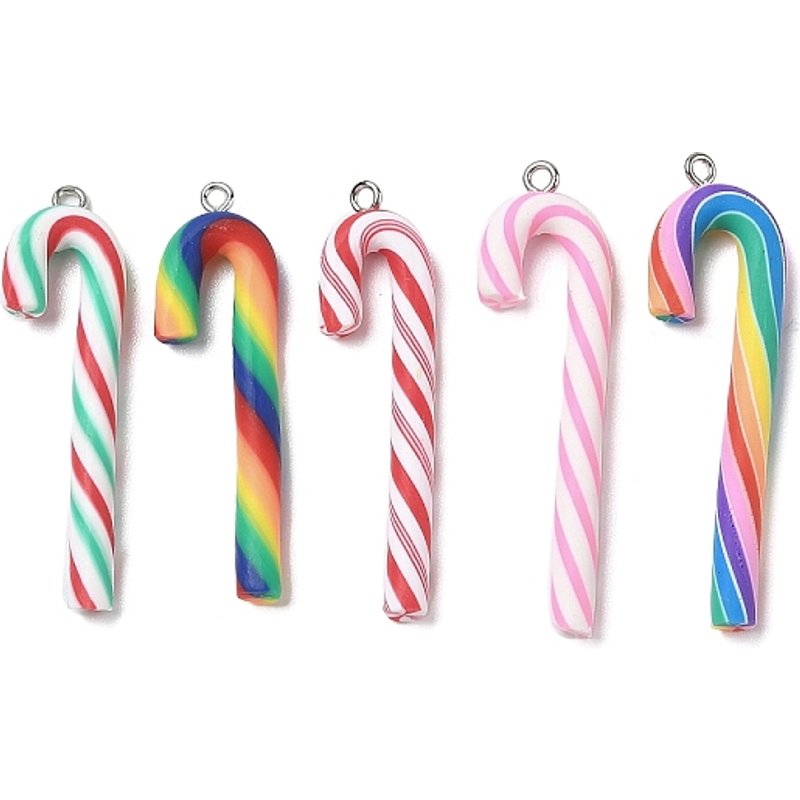 Handmade Polymer Clay Candy Cane Big Pendants with Iron Loops