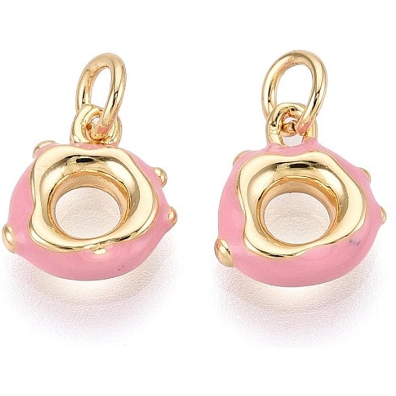 Brass Enamel Donut Charms with Jump Ring, 18K Gold Plated, Pink — Charms & Pendants