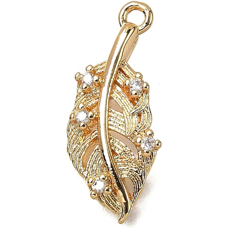 Brass Micro Pave Cubic Zirconia Feather Pendant, 18K Gold Plated — Charms & Pendants