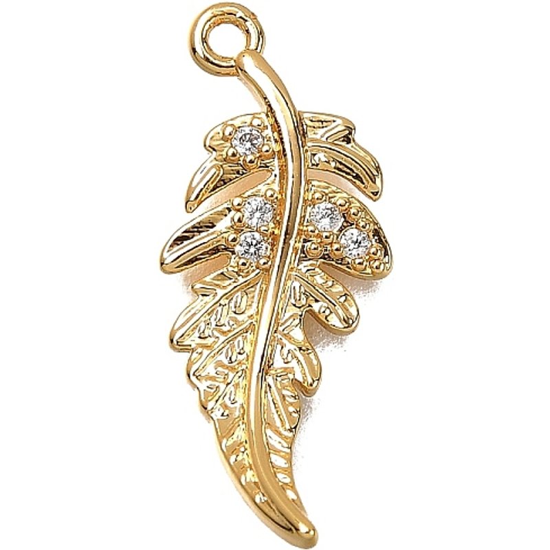 Brass Micro Pave Cubic Zirconia Feather Pendant, 18K Gold Plated — Charms & Pendants
