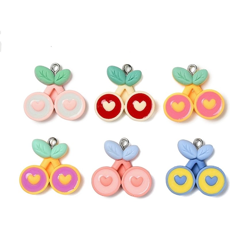 Resin Cherry Charm Pendant with Iron Loops, Mixed Colors — Charms & Pendants