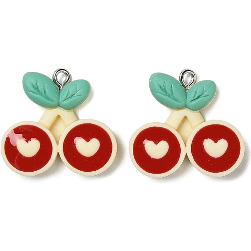 Resin Cherry Charm Pendant with Iron Loops, Red, 23.5x24mm — Charms & Pendants