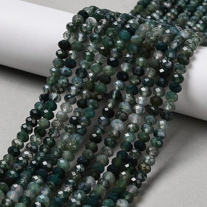 Brins de perles en agate mousse naturelle, facettées, rondelles, 4.5x3.5mm — Perles à bijoux